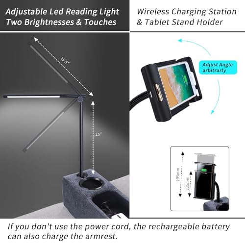 Multifunctional Sofa Armrest, Couch Armrest with Wireless Charge Stand, Removable Couch Caddy with Storage,Including LED Reading Light - color: Navy, size: Fabric-1 CUP