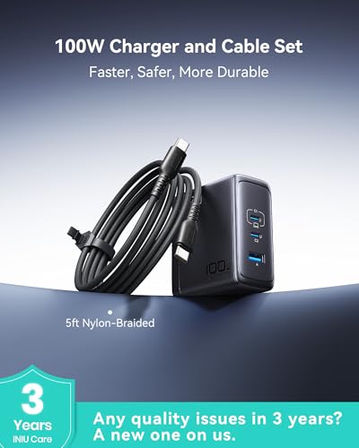 INIU 100W GaN USB C Charger, 3-Port Compact Fast Charging Block with 5ft 100W USB C Cable, Foldable Travel Laptop Charger for MacBook Pro Air 15 14, iPhone 17 16 Pro Max Samsung S26 S25 Dell etc White - color: White