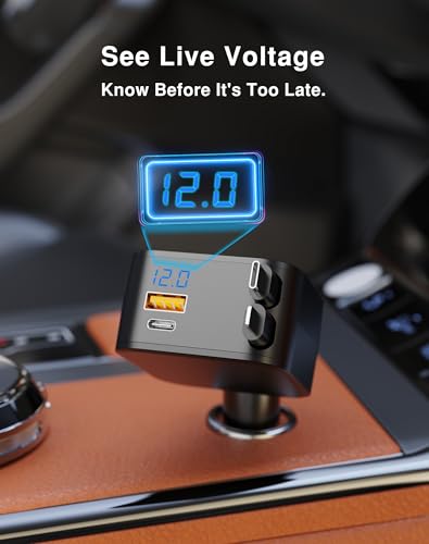 Seamount 4-in-1 Retractable Car Charger 109.5W | PD QC 3.0 Fast USB C Adapter with Voltage Display, Compatible with iPhone 17 16 15 14, MacBook, Android