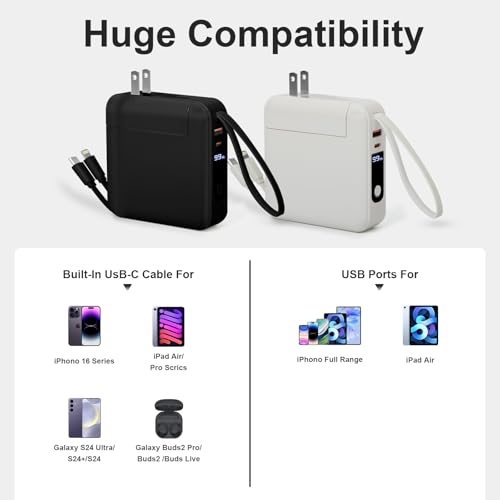 Detachable Wall Plug Portable Charger 15000mAh Power Bank 22.5W | Fast Charging Built-in Cables, 3-in-1 Compact USB-C Battery Pack Travel Essentials for iPhone 17,iPad, Android, Samsung - color: Black