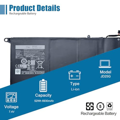 JD25G Laptop Battery Replacement for Dell XPS 13 XPS 13 9350 9343 XPS13 13D XPS13D 13-9343 13-9350 13D-9343 Series 5K9CP 05K9CP JHXPY 7.4V 52Wh 6930mAh