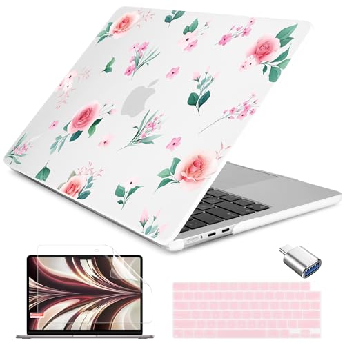 Batianda LumiArt Case for MacBook Air 13.6" M2-M5 Chip, Pink Rose | 4-in-1 set with elegant cottagecore botanical design, lightweight slim hard shell protection for designers, women and girls - color: Peach rose