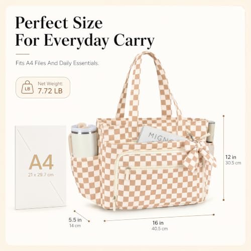 BTOOP Work Tote Bag for Women, Laptop Tote Bag With 15.6 Inch Padded Compartment, Teacher Nurse Bible Bags - color: Beige Checkered