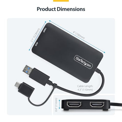 StarTech USB-A and USB-C to Dual HDMI, 4K30 + 1080p, Mac Windows ChromeOS | USB 3.0 5Gbps, Two displays, Windows and ChromeOS and Ubuntu, Extended dual monitor - style: Mac & Windows