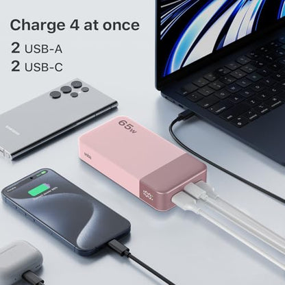 NOBIS 20000mAh Battery Pack Power Bank 65W Power Bank, Portable Charger with Digital Display, Dual USB-C/USB-A Fast Charging for Laptop, Phone, Tablet, Travel-Friendly External Battery Pack - color: Pink