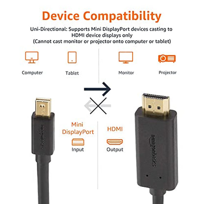 Amazon Basics Mini DisplayPort to HDMI Cable for MacBook Air/Pro, 1080p, Gold-Plated Plugs, 6 Foot, Black - size: 6-Feet