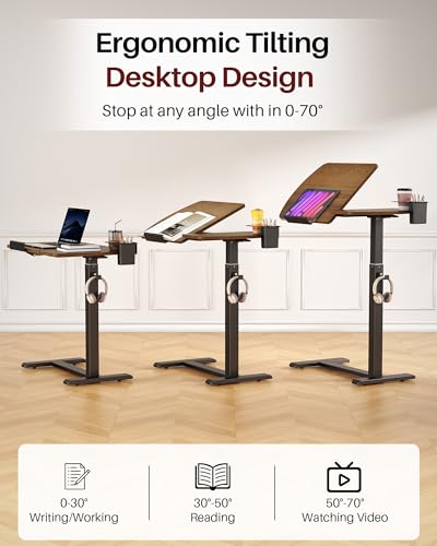 Overbed Table with Wheels, Pneumatic Lift and Tilting Top (Walnut) | Height Adjusts 24.4–42.9 In, Desktop Tilts 0°–70° With Hidden Casters, Cup Holder, Pen Holder And Headphone Hook - color: Walnut