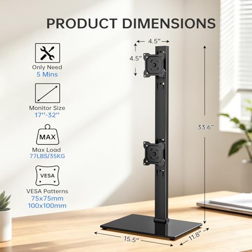 Vertical Dual Monitor Stand for 13-32 Inch Monitors, No Clamp, Freestanding | Supports 44 lbs/Arm | Tempered Glass Base | ±25° Swivel | -5° to +10° Tilt | 8 Height Options | VESA 75×75/100×100 mm - size: Dual Monitor Stand