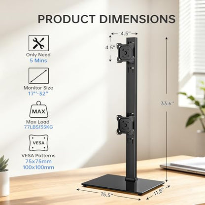 Vertical Dual Monitor Stand for 13-32 Inch Monitors, No Clamp, Freestanding | Supports 44 lbs/Arm | Tempered Glass Base | ±25° Swivel | -5° to +10° Tilt | 8 Height Options | VESA 75×75/100×100 mm - size: Dual Monitor Stand