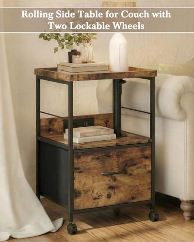 Faesun Swivel Lift Top Nightstand with Charging Station, Rolling Night Stand with Fabric Drawer, Adjustable Bedside Table for Bedroom, Living Room, Brown, Pro - color: 03 - Brown, size: 1 Drawer (Tray Top)