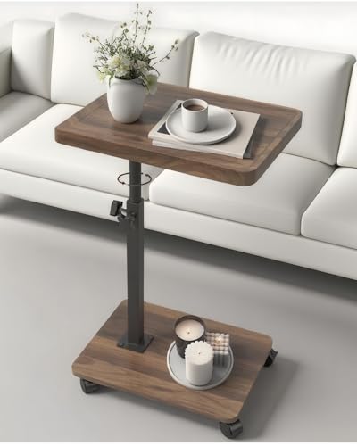 C Table Side Table End Table Adjustable Height, C Shaped End for Couch, Snack Tables, 360 Swivel TV Tray Sofa Table for Small Spaces, Side Tables Living Room and Bedroom for Sofa, Bed, Chair - color: Walnut Color