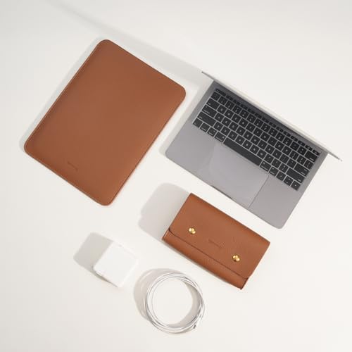 PU Leather Padded Laptop Sleeve Bag 14Inch Compatible with New MacBook Pro 14, Surface Laptop 13.5, Old MacBook Pro 13 with Charger Pouch Color Brown - color: Brown, size: MacBook Pro 14