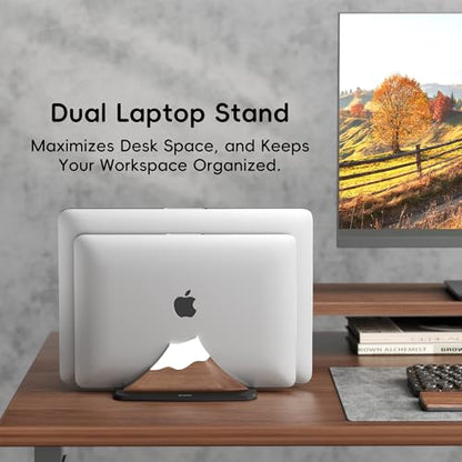 AFOOYO Vertical Dual Laptop Stand - Snow Peak-Shaped Walnut Adjustable Laptop Holder,2 Slots Desktop Dock Compatible with All MacBook, Surface,Chromebook,Dell & More(Walnut) - color: Walnut, size: Dual