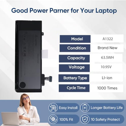 A1278 A1322 Battery Replacement for MacBook Pro 13 inch [Mid 2009 2010 2012 Early 2011 Late 2011] 661-5229 661-5557 020-6547-A 020-6765-A Long Lasting [63.5Wh 10.95V] - size: 8.27*3.07*0.43inch A1322