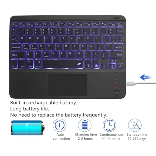 Bluetooth Keyboard with Touchpad,Ultra Silm 7 Colors Backlit Wireless Keyboard Rechargeable Portable Keypad with Trackpad for iPad iOS Android Windows Tablets PC Smartphone Universal(Black)