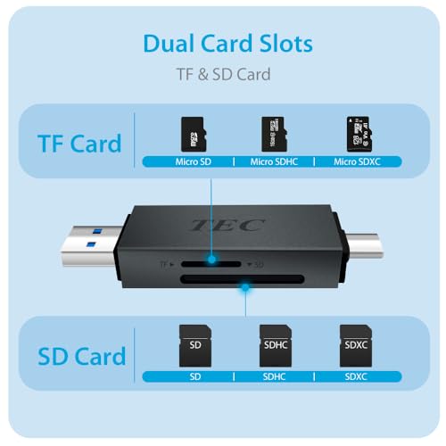 TEC Card Reader 2-in-1 USB C/USB 3.2 Micro SD and SD Memory Cards Reader Adapter with Dual USB Output. Compatible with iPhone 15 Pro Max, MacBook Pro, Chromebook, Galaxy - Ideal for Creatives