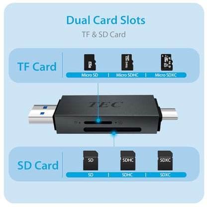 TEC Card Reader 2-in-1 USB C/USB 3.2 Micro SD and SD Memory Cards Reader Adapter with Dual USB Output. Compatible with iPhone 15 Pro Max, MacBook Pro, Chromebook, Galaxy - Ideal for Creatives
