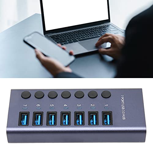 USB 3.0 Hub 7 Ports 5Gbps Fast Transfer Docking Station 5V 2.4A 36W USB 3.0 Splitter with Blue LED Indicator for PC Phone 100-240V (US Plug)