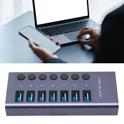USB 3.0 Hub 7 Ports 5Gbps Fast Transfer Docking Station 5V 2.4A 36W USB 3.0 Splitter with Blue LED Indicator for PC Phone 100-240V (US Plug)