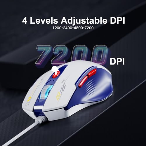 Uineer Wired Mouse, USB-A Computer Mouse with 6 Buttons,Adjustable | Plug-and-play USB-A wired connection with 6 programmable buttons, 7200 DPI and a 1.5 m cable. - color: Bluewhite
