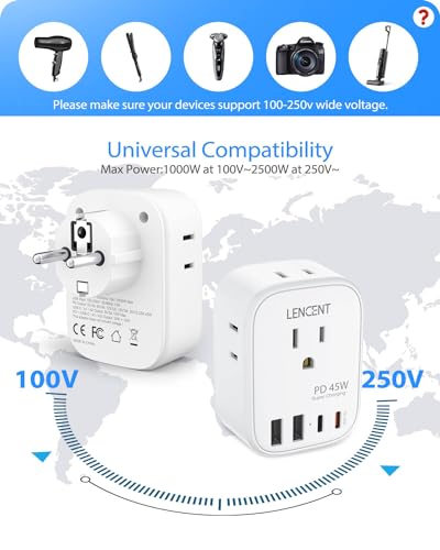 LENCENT Germany France Travel Power Adapter, PD 45W USB C Fast Charger | Schuko Type E F Plug Adapter with 4 Outlets, Travel Essentials for US to Europe EU Spain Greece Russia Germany South Korea - style: Type E/F-45W-Germany