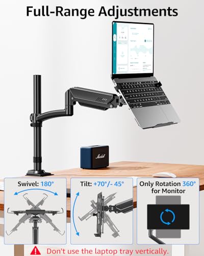 MOUNTUP Laptop Desk Mount, Adjustable Laptop Stand for max 17" Notebook or 32" Monitor, Laptops Arm Mount for Desk Holds 4.4-22lbs, Tall Laptops Stand with Clamp/Grommet - size: Single, style: With Pole