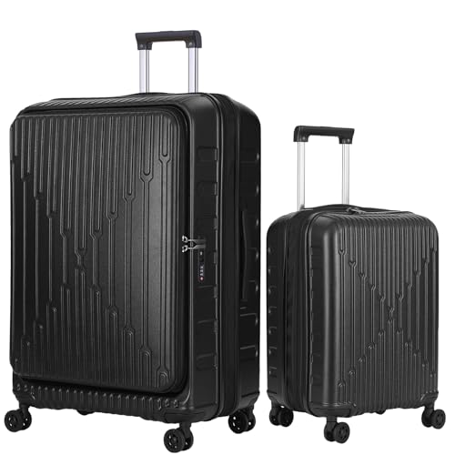 Kaleenie 2 PCS 20/29 Luggage Sets, 20” Cabin Luggage 29” Side Open Suitcase | 20 Inch with Front Pocket,29 Inch Checked Trunk Suitcase,Lightweight ABS+PC Hardshell,TSA Lock,HINOMOTO 360° Wheels,Black - color: Dark Black, size: 20/29 Set