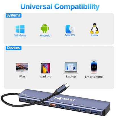 VEMONT 7-in-1 USB C Hub, 10Gbps Aluminum Hub with 2 USB-C 3.2, USB-A 3.2, 4 USB 3.0 Ports, 100W PD Charging, Compatible with MacBook,for iPad, Laptop/Phones and More Device - style: 7 in1 10Gbps