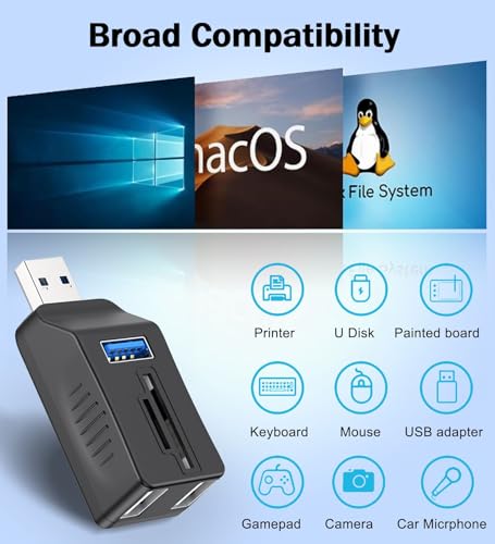 VIENON 5-Port USB 3.0 Hub with SD TF Card Reader, USB Extender Adapter with Memory SD/Micro SD Card Reader, USB 3.0/2.0 Ports, Portable USB Splitter for Laptop,PC, Camera, Flash Driver, HDD, Dash Cam - style: 5 Port
