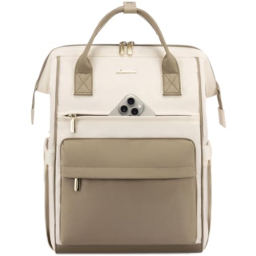 LOVEVOOK Laptop Backpack for Women, 15.6 Inch Work Laptop Bag Teacher Nurse Backpack, Wide Open Travel Tote Backpack Purse Business Computer Daypack - color: Beige & Khaki-m