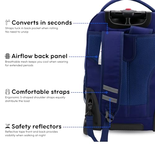 J World Sundance Laptop Rolling Backpack for Girls Boys. Roller Bookbag with Wheels, 20 Inch, Navy - color: Navy