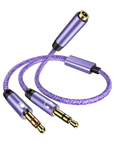 3.5mm Audio Splitter for Headphones and Microphone (Purple) | 3.5mm Female to 2 Male, Headset to PC Adapter, Y Splitter Cable Adaptor, Gaming & Office, PS5, Xbox, Switch, Laptop, Tablets