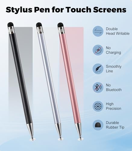 Kenkor Stylus(3pcs),2-in-1 Stylus Pen for Touch Screen, Stylus Pen for iPad | No Charging,Compatible with Apple(iPhone/iPad)/Nintendo Switch/Samsung/Google/Microsoft/Android Tablets Touch Screens Devices - color: Black+Pink+Silver