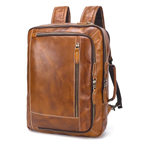 LANNSYNE Vintage Genuine Leather Backpack For Men, 2 in 1 Expandable Briefcase Fits 17'' Laptop Crossbody shoulder Bag Business/Travel Rucksack - color: Orange