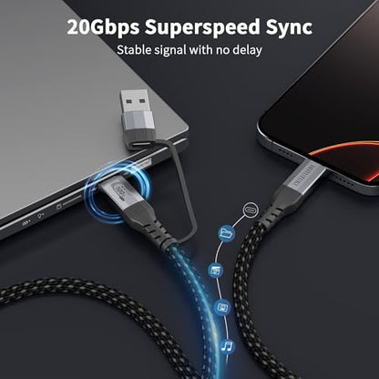 Long USB a to USB c Cable 10FT Multi Functional 2in1, usbc 3.2 Gen 2X2,20Gbps High Speed Data Transfer,4K@60Hz UHD Video 5A/100W Fast Charge Cord Compatible with Thunderbolt 3/4, Braided - size: 10FT