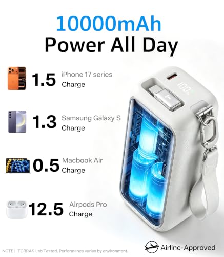 TORRAS PowerGo 3-in-1 Portable Charger,10000mAh Power Bank | 45W Fast Charging with Retractable USB-C Cable & Foldable Wall Plug Travel Essentials for iPhone 17/16/15, iPad, MacBook