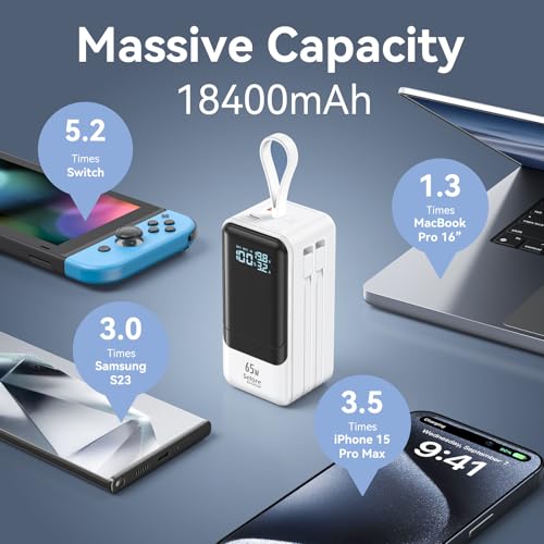 Fast Charging Power Bank 18400mAh 65W Portable Laptop Charger, LCD Display, Travel Essential Battery Pack with Built-in USB-C & Lightning Cables for iPhone 16/15/14/13/12 MacBook Samsung - color: White