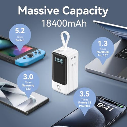 Fast Charging Power Bank 18400mAh 65W Portable Laptop Charger, LCD Display, Travel Essential Battery Pack with Built-in USB-C & Lightning Cables for iPhone 16/15/14/13/12 MacBook Samsung - color: White