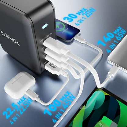 MINIX 165W USB C Charger, 140W PD 3.1 GaN Fast Charging Station for MacBook | 4-Port Travel Power Adapter (US/EU/UK Plugs) for MacBook Pro 16", iPad Pro, iPhone 17 16 Pro Max, Galaxy S25 S24, Steam Deck