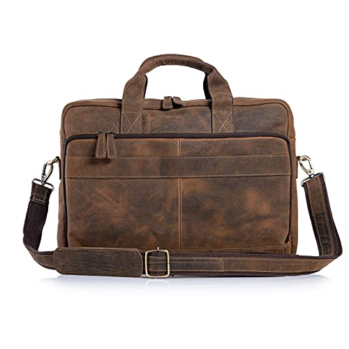 KomalC Leather briefcase 16 inch Laptop Messenger Bag for Men and Women Best Office Satchel Bag - color: Distressed Tan
