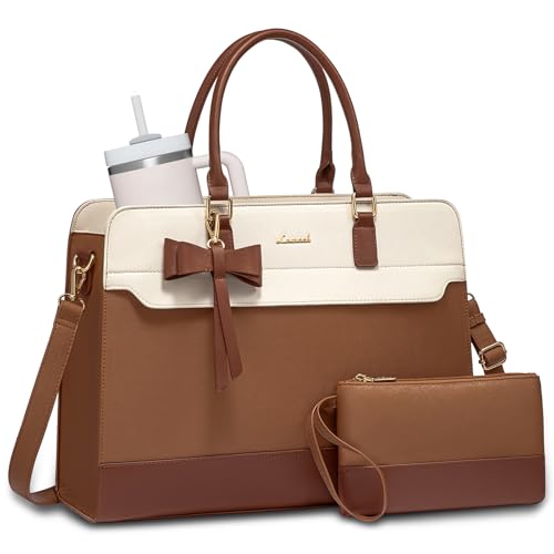 LOVEVOOK Laptop Tote Bag for Women,Leather Work Bag, Waterproof Business Teacher Bag,Large Computer Handbag Purse Briefcase,Office Gifts for Women - color: White-brown-up, size: 15.6 Inch