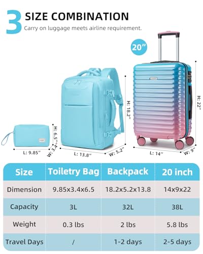 LARVENDER Carry on Luggage 22x14x9 Airline Approved, Expandable 20 Inch Hardside Large Suitcase with Wheels TSA Lock, Lightweigh PC+ABS Travel Carry-on Suitcases for Women and Men, Cotton Candy - color: Cotton Candy (XL-BP), size: 3 Piece Set (Backpack/20