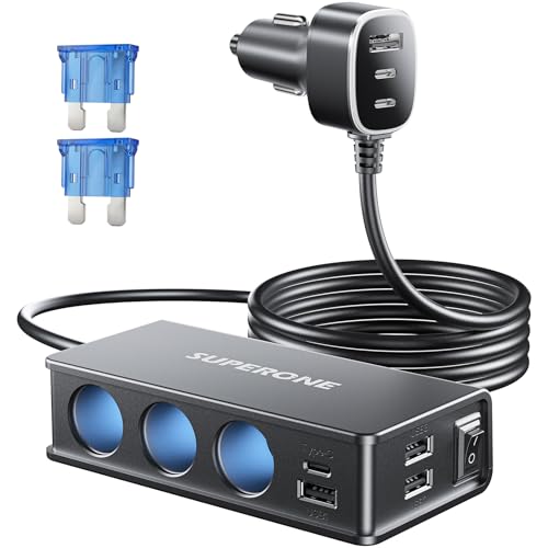 10 in 1 Cigarette Lighter Splitter, SUPERONE 3-Socket Cigarette Lighter Adapter With 7 USB Ports [45W PD3.0 USB-C], Fast Charging 12V/24V Car Charger Splitter for Truck SUV RV Laptop iPhone GPS
