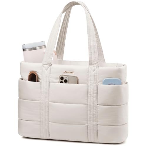LOVEVOOK Tote Bag for Women, Large Puffer Work Tote Laptop Bag, Lightweight Travel Tote Bag with Zipper Gifts for Women - color: Beige-l, size: 17 Inch