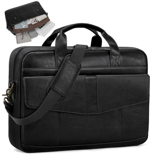 RAINSMORE Mens Messenger Bag, 16" Laptop Bag for Men PU Leather Briefcase | Waterproof Computer Bag Vintage Crossbody Thickened Protection Satchel Bag Work College Business Shoulder Bags - color: Black