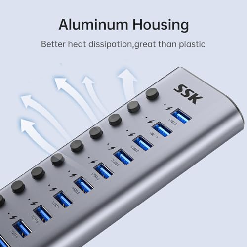 SSK 10 Port Powered USB 3.0 Hub, 60W USB Charging Hub USB Extender Hub | Simultaneous Fast Charge,5Gbps Data Transmission,Individual Switches,DC 12V5A Power Adapter,3.96ft/1.2m Cable,Aluminium