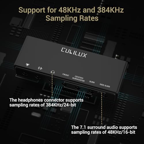 7.1 USB Surround Sound Card- 48KHz-384KHz Sample Rate for Headphones, Full Aluminum Alloy USB A External Sound Card for Laptop PC-Supports Line-in & Stereo Mic in