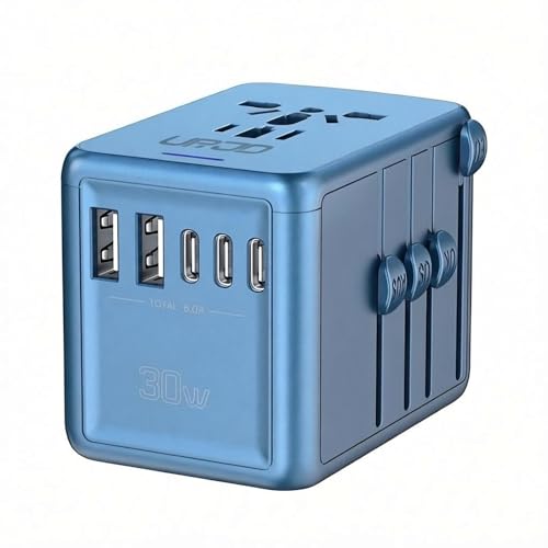 Universal Travel Adapter with 5 USB C/A Ports 30W Fast Charging, Blue | International Power Adapter for Europe UK Japan 200+ Countries, Travel Charger for Phone Laptop, 10A Fuse, 2500W AC Outlet - color: 3 USB Type C + 2 USB Type A - Metallic Blue