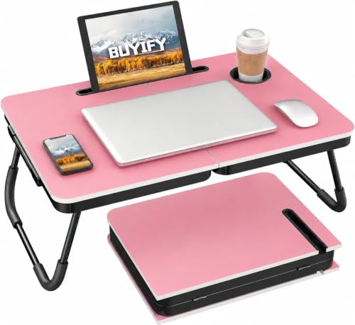BUYIFY 23.4" Foldable Lap Desk Bed Table with Cup Holder Tray Rose Pink | Portable Folds Flat for Easy Storage, No Assembly Laptop Bed Desk, Sturdy and Lightweight, Patent Design - color: Rose Pink