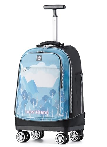 NEW TILAMI 19 Inch Rolling Backpack for School Travel with 4 Spinner Wheels | 360°rotating Universal Wheel, Large Organizer Compartments, Adjustable Handle, Carry on for School Students Business Travel - color: Misty Blue Forest